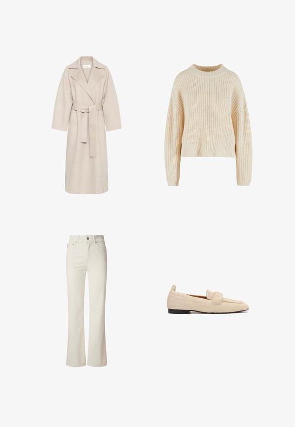 Beige wollen mengstof jas met een gekarteld kraag, een ceintuur in de taille en brede mouwen. Heeft een strak design en een middellange zoom. Gestructureerd oppervlak.; Crèmekleurige gebreide trui met een hoge geribde kraag, brede mouwen en een textuurpatroon over het gehele kledingstuk. Verkorte stijl met een geribde zoom.; Witte flared jeans van denim. Heeft een hoge taille, vijf zakken en een metalen knoopsluiting. Glad oppervlak zonder zichtbare patronen.; Beige platte loafer met een gestructureerd, bontachtig oppervlak, zwarte zool en een brede band over het bovenste deel van de schoen.