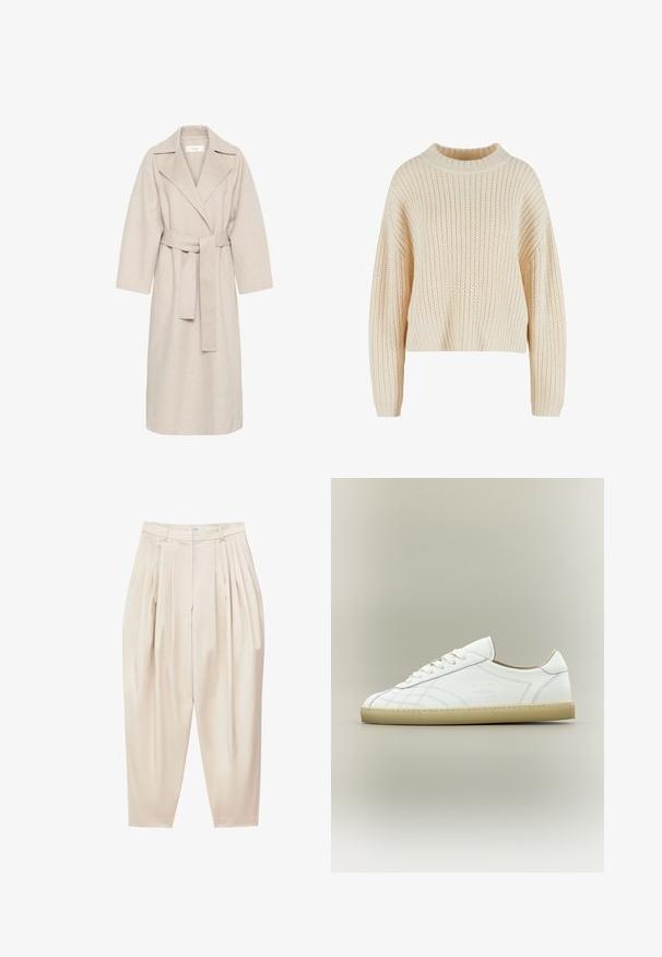 Manteau en mélange de laine beige avec un col à revers, une taille ceinturée et des manches larges. Il présente un design épuré et une longueur mi-mollet. Surface texturée.; Pull en tricot crème avec un col haut en côtes, des manches larges et un motif texturé sur l'ensemble. Design court avec un ourlet en côtes.; Pantalon beige taille haute à plis avec jambes fuselées et fermeture éclair avant.; Baskets basses en cuir blanc avec semelle beige, lacets et motifs cousus subtils sur fond neutre.