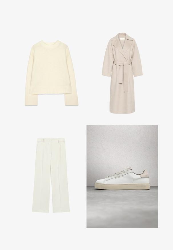 Beige uldblandakot med en klippet krave, bælte i taljen og brede ærmer. Har et rent design og mellemlangt skjorte. Tekstureret overflade.; Cremefarvet strikket sweater med rund halsudskæring, sænket skuldre og lange ærmer. Har ribbede manchetter og lige kant.; Hvide skræddersyede bukser med lige ben, bæltestropper og sidelommer på ensfarvet baggrund.; Hvide lædersneakers med en glat overflade, beige ruskindsdetaljer, rund tå, flad snørebåndsdesign og en struktureret gummisål.