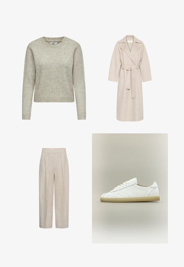 Beige wollen mengstof jas met een gekarteld kraag, een ceintuur in de taille en brede mouwen. Heeft een strak design en een middellange zoom. Gestructureerd oppervlak.; Lichtbeige vrouwen trui gemaakt van zacht gebreide stof, met een ronde halslijn en ribgebreide manchetten en zoom. Klassiek, recht gesneden ontwerp.; Beige high-waist wijde broek met plooien aan de voorkant en riemlussen, gemaakt van een gestructureerde linnenstof.; Witte lage leren sneaker met beige zool, vetersluiting en subtiele gestikte patronen op een neutrale achtergrond.
