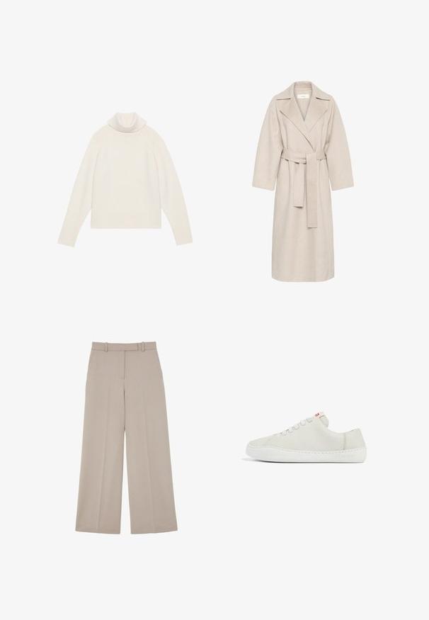 Beige uldblandakot med en klippet krave, bælte i taljen og brede ærmer. Har et rent design og mellemlangt skjorte. Tekstureret overflade.; Lyscreme turtleneck sweater med ribbet tekstur, raglanærmer og tætsiddende kant. Blødt materiale og afslappet silhuet.; Beige vidde bukser med skjult frontlukning og sidelommer, designet til et formelt eller business casual look.; Hvide lædersneakers med lav profil, rund tå, flad snørebåndslukning og hvid gummisål. Udstyret med diskret syning og et lille logo.