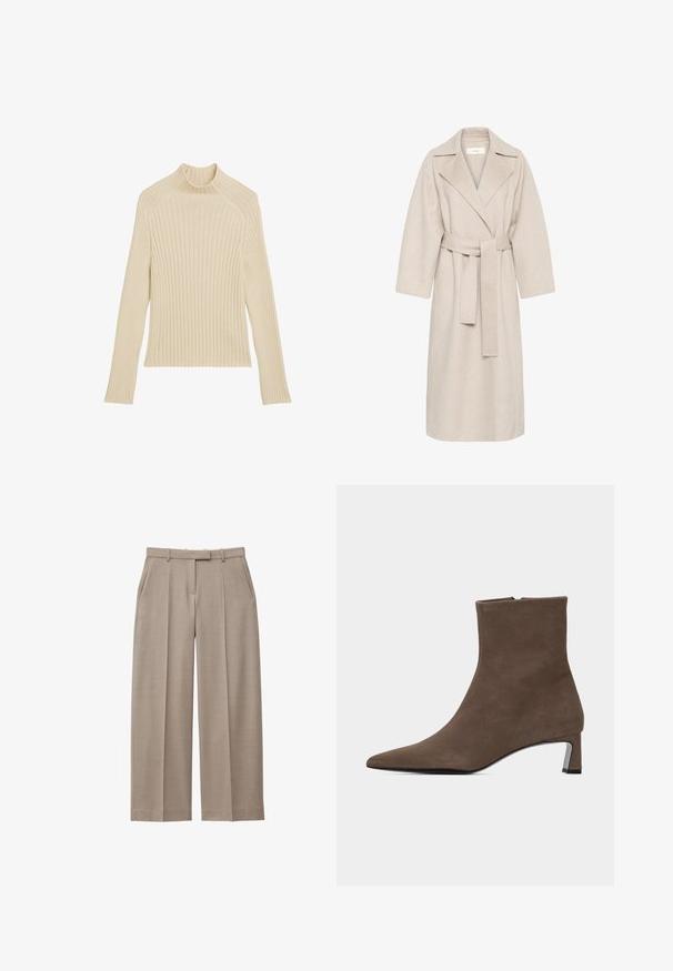 Abrigo de mezcla de lana beige con cuello de muesca, cintura ceñida y mangas anchas. Presenta un diseño limpio y un dobladillo de longitud media. Superficie texturizada.; Top de punto acanalado de manga larga en color blanco roto con cuello alto y corte ajustado. Presenta una textura vertical y un dobladillo cropped.; Pantalones anchos de pierna beige con trabillas para cinturón, pliegues delanteros, bolsillos laterales y cierre frontal oculto.; Botín de ante marrón con punta puntiaguda, cremallera lateral y tacón bajo tipo bloque sobre un fondo liso claro.