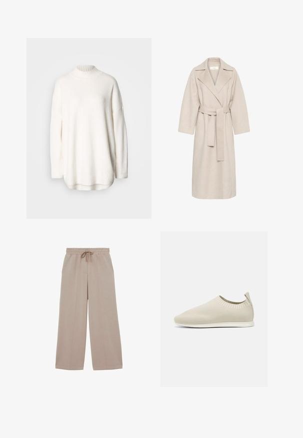 Beige wollen mengstof jas met een gekarteld kraag, een ceintuur in de taille en brede mouwen. Heeft een strak design en een middellange zoom. Gestructureerd oppervlak.; Witte gebreide trui met een geribde hoge hals, vallende schouders en zijsplitten aan de zoom. Gemaakt van zachte, gestructureerde stof.; Beige wijde broek met elastische taille en trekkoord, met details aan de voornaad en een ontspannen pasvorm.; Beige gebreide instap schoen met een lage profiel, textuur bovenkant en een flexibele zool. Kenmerkt zich door een geweven ontwerp rond de enkel voor comfort.