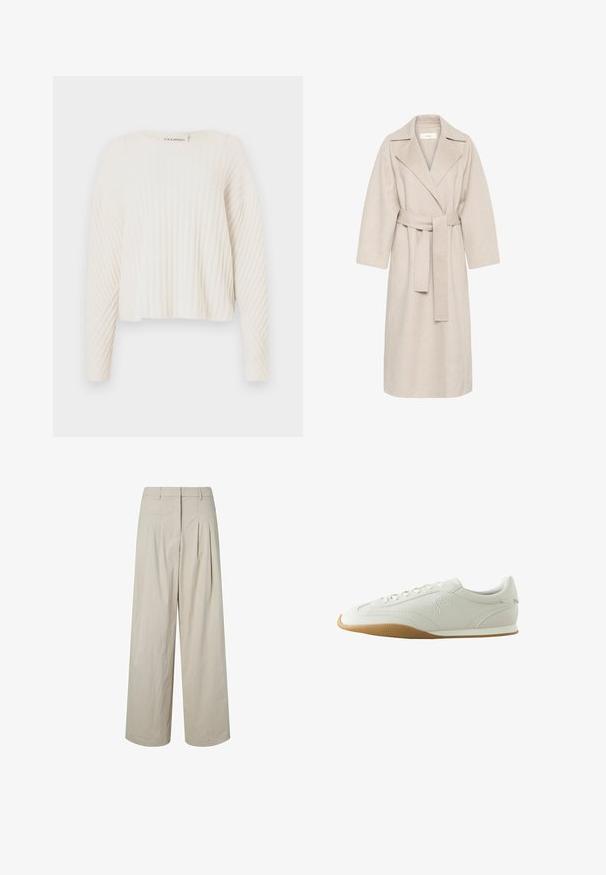 Abrigo de mezcla de lana beige con cuello de muesca, cintura ceñida y mangas anchas. Presenta un diseño limpio y un dobladillo de longitud media. Superficie texturizada.; CLOSED CREW NECK - Jersey de punto - ecru; Pantalones beige de talle alto y pierna ancha con pliegues y trabillas para cinturón, cremallera frontal y bajo limpio sobre un fondo blanco.; Zapatilla deportiva blanca de corte bajo con suela de goma marrón, detalles de costuras, cierre de cordones y logo bordado en el lateral.
