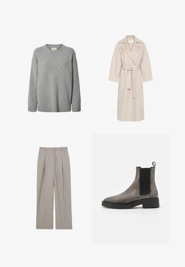Beige uldblandakot med en klippet krave, bælte i taljen og brede ærmer. Har et rent design og mellemlangt skjorte. Tekstureret overflade.; Grå strikket sweater med rund halsudskæring, faldende skuldre og ribbet kant. Blød tekstur med ensartet mønster og uden synligt hardware.; Lys grå, vide bukser med plisseret front, lavet af et tekstureret stof. Har bæltestropper og sidelommer, skræddersyet design.; Grå læder chelsea støvle med tekstureret finish, elastiske sidedele, hængestrop og sort gummisål. Slank, taperet design med minimale accenter.