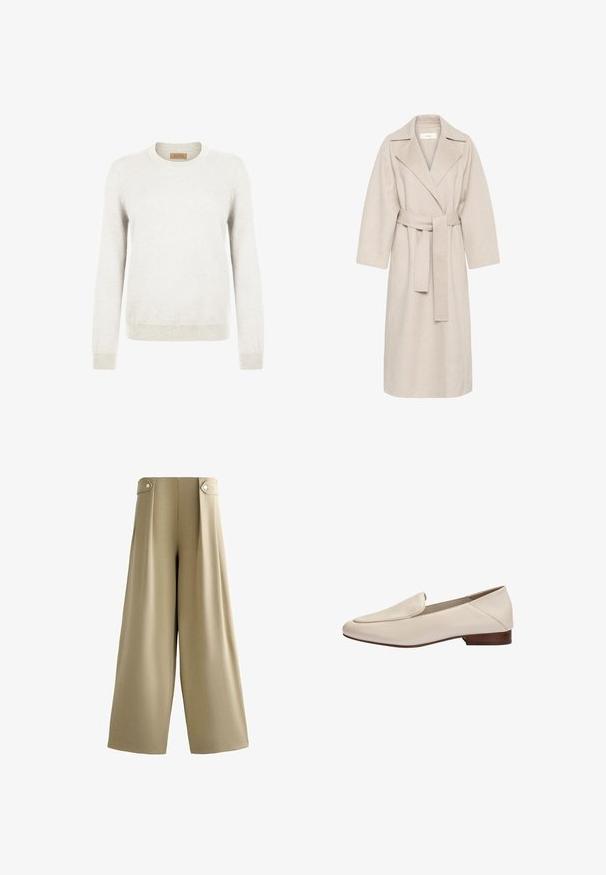 Beige uldblandakot med en klippet krave, bælte i taljen og brede ærmer. Har et rent design og mellemlangt skjorte. Tekstureret overflade.; Lys grå sweater lavet af blødt strikstof, med rund hals og lange ærmer, samt ribbede manchetter og kant for ekstra tekstur.; Beige bukser med vide ben, højtaljede og med knappede stropper på hver side af taljebåndet, glat front og fuld længde benafslutning.; Beige læderloafer med lavt træhæl og afrundet firkantet tå, sidevisning mod hvid baggrund.