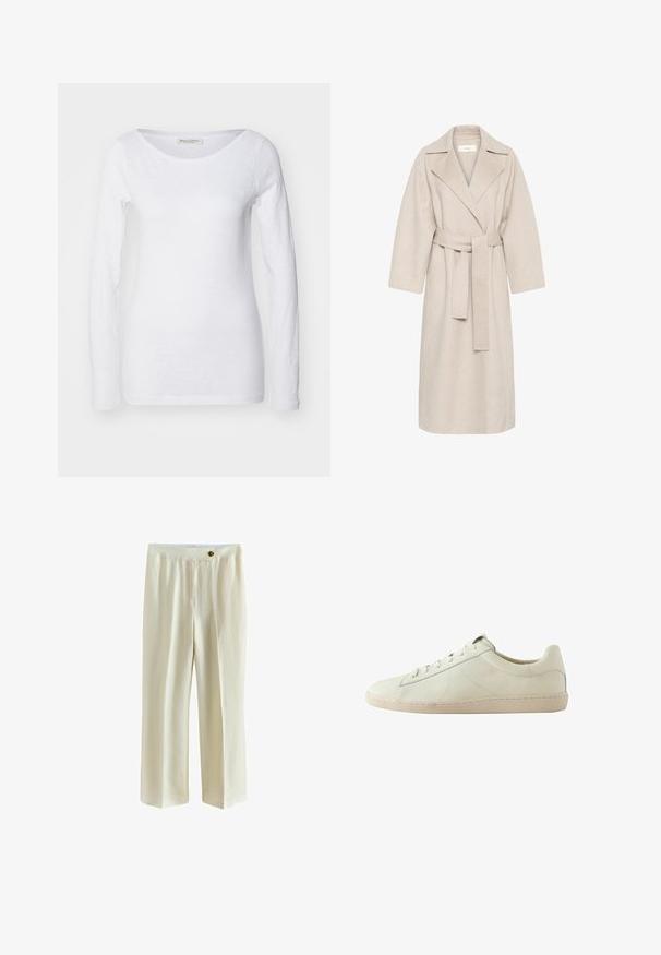 Abrigo de mezcla de lana beige con cuello de muesca, cintura ceñida y mangas anchas. Presenta un diseño limpio y un dobladillo de longitud media. Superficie texturizada.; Top blanco de manga larga con escote redondeado. Confeccionado en una tela suave y texturizada. Presenta un corte relajado y puños sin costuras.; Pantalones rectos color crema con cintura alta, cierre frontal con botones y sin bolsillos visibles.; Zapatilla blanca de piel de corte bajo con superficie texturizada, cierre de cordones y suela de goma beige, mostrada de lado sobre un fondo blanco.