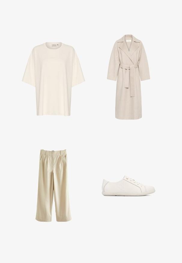 Beige wollen mengstof jas met een gekarteld kraag, een ceintuur in de taille en brede mouwen. Heeft een strak design en een middellange zoom. Gestructureerd oppervlak.; Oversized crèmekleurig T-shirt van zachte stof met een ronde halslijn en korte mouwen. Subtiele reliëf logo-detail aan de voorkant.; Next SMART WIDE LEG - Broek - stone; Witte sneakers met een gestructureerde afwerking, vetersluiting, ronde neus en merkopdruk aan de zijkant. Voorzien van subtiele stiksels en een rubberen zool.