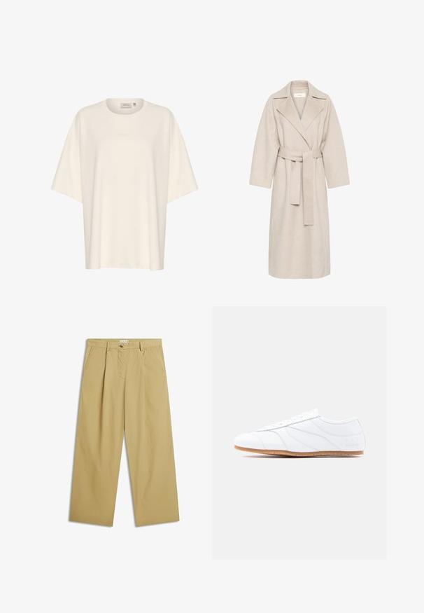 Abrigo de mezcla de lana beige con cuello de muesca, cintura ceñida y mangas anchas. Presenta un diseño limpio y un dobladillo de longitud media. Superficie texturizada.; Camiseta cremosa de gran tamaño hecha de una tela suave, con cuello redondo y mangas cortas. Detalle sutil del logotipo en relieve en la parte delantera.; Pantalones beige de pierna ancha con pliegues frontales, bolsillos laterales, trabillas para el cinturón y cierre con botón en la cintura.; Zapatilla blanca de corte bajo con diseño de cordones, parte superior de cuero liso, paneles cosidos sutiles y suela de goma marrón clara.
