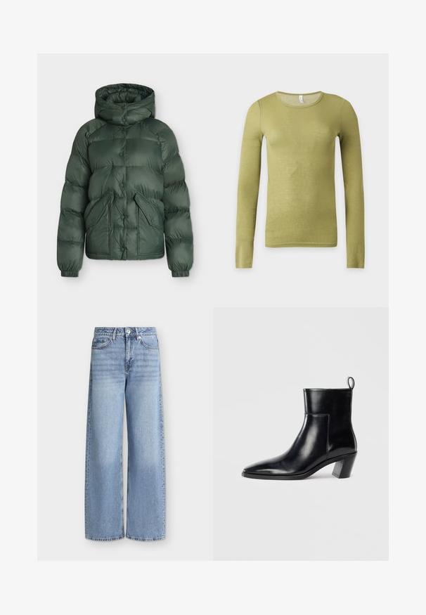 Dunkelgrüne wattierte Winterjacke mit Kapuze, Druckknopfverschluss, zwei Frontklappentaschen und elastischen Ärmelbündchen.; Eng anliegendes, langärmliges olivgrünes Hemd mit rundem Ausschnitt vor hellem, einfarbigem Hintergrund.; Hellblaue Jeans mit weitem Bein, vorderen Taschen, Gürtelschlaufen, Knopfverschluss und verblassten Details an den Oberschenkeln.; Schwarze Leder-Ankleboots mit spitzem Zeh, geometrischem Blockabsatz und einem Zugband hinten. Glatte Textur und elegantes Design.