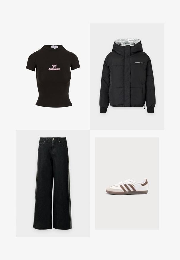 Zwarte pufferjas met een capuchon, voorzien van een glanzend zilveren interieur, elastische manchetten en een voorzijde met de tekst "COLOURFUL REBEL."; Zwarte korte mouwen crop top gemaakt van rekbaar materiaal. Heeft een roze "felicious" logo en een vlinderafbeelding op de voorkant.; Zwarte denim jeans met wijde pijpen, zijstrepen, voorzakken, lussen voor een riem en een metalen knoopsluiting in de taille.; Witte Adidas Samba sneaker met bruine suède strepen, bruine hielpatch, beige neuskap en translucente rubberen zool, van opzij getoond.