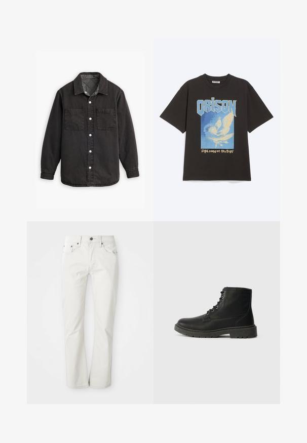 Schwarzes Jeanshemd mit kariertem Innenfutter, zwei Brusttaschen und silbernen Knopfverschlüssen. Besitzt einen klassischen Kragen und lange Ärmel.; Schwarzes T-Shirt mit kurzen Ärmeln mit blauer und beiger Grafik von Flügeln und dem Text „ORISON“ und „Leicht ausgefranste Ränder“ auf der Vorderseite.; Helle Jeans aus Baumwollmischung. Gerades Bein-Design mit Fünf-Taschen-Stil und Metallknopfverschluss. Glatte Textur.; Schwarze Leder-Ankle-Boots mit Schnürdesign, dicker Gummisohle, strukturiertem Finish und verstärkten Nähten. Mit minimalistischer Markenkennung.