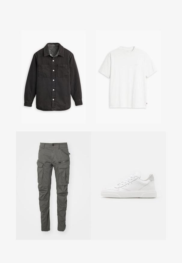 Camisa de denim negra con un forro interior a cuadros, dos bolsillos en el pecho y cierres de botones plateados. Presenta un cuello clásico y manga larga.; Camiseta de algodón blanca con mangas cortas, cuello redondo y un sutil logo "Levi's" impreso en color claro en la parte frontal.; Pantalones cargo grises hechos de tejido duradero, que cuentan con múltiples bolsillos, detalles con cremallera, cierre botón y un diseño de pierna ajustada.; Zapatillas de cuero blanca con un acabado suave, punta redondeada, cordones planos y una suela texturada. Acento de ante gris en el talón.