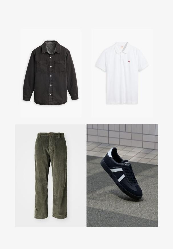 Camisa de denim negra con un forro interior a cuadros, dos bolsillos en el pecho y cierres de botones plateados. Presenta un cuello clásico y manga larga.; Polo blanco hecho de algodón. Presenta una tapeta de tres botones, mangas cortas y un pequeño logo rojo de Levi's en el lado izquierdo del pecho.; Pantalones de pana color verde oliva con acanalado vertical, que presentan un cierre de botón y un diseño de pierna recta. Textura suave con un ajuste clásico.; Zapatilla de cuero negra con rayas blancas, suela de goma texturizada y parte frontal con cordones. Cuenta con una etiqueta de marca en la lengüeta.