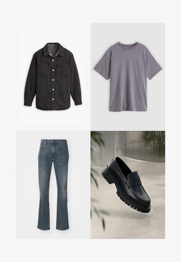 Schwarzes Jeanshemd mit kariertem Innenfutter, zwei Brusttaschen und silbernen Knopfverschlüssen. Besitzt einen klassischen Kragen und lange Ärmel.; Graues Baumwoll-T-Shirt mit Rundhalsausschnitt, kurzen Ärmeln und kleinem aufgedrucktem Logo auf der linken Brust. Weiche Textur und entspannte Passform.; Dunkelblaue Jeans mit leichtem Verblassen, geradem Bein, Knopf- und Reißverschluss sowie Vorder- und Hintertaschen.; Schwarze Lederloafer mit einer robusten profilierten Sohle, ausgestattet mit einem dekorativen Riemen und einer Stichdetail. Glatte Textur mit einem polierten Finish.