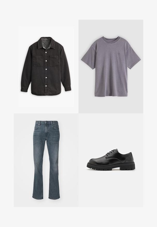 Camisa de denim negra con un forro interior a cuadros, dos bolsillos en el pecho y cierres de botones plateados. Presenta un cuello clásico y manga larga.; Camiseta de algodón gris con cuello redondo, mangas cortas y un pequeño logo impreso en el pecho izquierdo. Textura suave y ajuste relajado.; Vaqueros de mezclilla azul oscuro con ligero desgaste, corte recto en la pierna, cierre con botón y cremallera, y bolsillos delanteros y traseros.; Zapatos de cuero negro con punta redondeada, diseño con cordones y una suela de goma gruesa y texturizada. Presentan costuras a lo largo del borde y un acabado suave.
