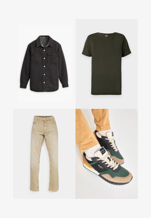 Schwarzes Jeanshemd mit kariertem Innenfutter, zwei Brusttaschen und silbernen Knopfverschlüssen. Besitzt einen klassischen Kragen und lange Ärmel.; Schlichtes dunkelgrünes T-Shirt mit kurzen Ärmeln und Rundhalsausschnitt mit einem kleinen Lee-Markenetikett innen am Kragen vor weißem Hintergrund.; Beige Denim-Jeans mit geradem Bein, fünf Taschen und Knopfverschluss. Mit einer sanften Textur und schlichten Nähakzenten.; Grüne und schwarze Sneakers aus Wildleder und Mesh-Materialien, mit cremefarbenen Schnürsenkeln, mehrfarbigen Akzenten und einer strukturierten Sohle. Logo von Pepe Jeans sichtbar.