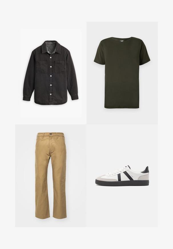 Schwarzes Jeanshemd mit kariertem Innenfutter, zwei Brusttaschen und silbernen Knopfverschlüssen. Besitzt einen klassischen Kragen und lange Ärmel.; Schlichtes dunkelgrünes T-Shirt mit kurzen Ärmeln und Rundhalsausschnitt mit einem kleinen Lee-Markenetikett innen am Kragen vor weißem Hintergrund.; Khakihosen aus Baumwolle. Gerader Schnitt mit einem Bund und Fronttaschen. Verfügt über eine einzelne Gesäßtasche und subtile Nähdetails.; Weiße Sneaker mit schwarz- und grau-aczenten, ausgestattet mit einer strukturierten grauen Zehenkappe, schwarzer Gummi-Sohle und flachen weißen Schnürsenkeln. Sauberes Design, minimalistische Stil.