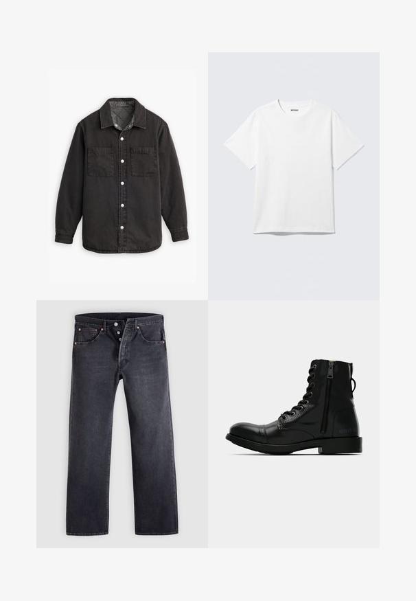 Zwarte denim shirt met een geblokte binnenvoering, twee borstzakken en zilveren knoopsluitingen. Beschikt over een klassieke kraag en lange mouwen.; Witte T-shirt met korte mouwen en ronde hals, plat gelegd, effen ontwerp, met een "WEEKDAY" label in de kraag op een lichte achtergrond.; Zwarte spijkerbroeken met een rechte pasvorm, ontwerp met vijf zakken en koperen knoopaccenten. Gladde textuur met een licht vervaagde afwerking.; Zwarte leren enkellaars met een ronde neus, vetersluiting aan de voorkant, zijrits en platte zool. Bevat reliëfbranding op de hak.