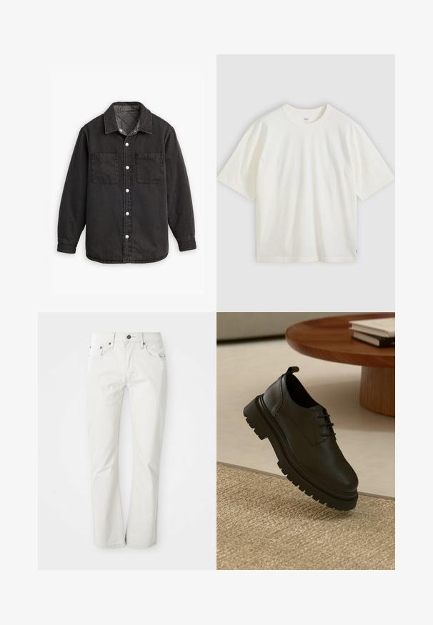 Schwarzes Jeanshemd mit kariertem Innenfutter, zwei Brusttaschen und silbernen Knopfverschlüssen. Besitzt einen klassischen Kragen und lange Ärmel.; Weißes T-Shirt mit kurzen Ärmeln aus Baumwolle. Rundhalsausschnitt, lockere Passform, dezentes Branding auf der Brust und ein rotes Etikett am Saum.; Helle Jeans aus Baumwollmischung. Gerades Bein-Design mit Fünf-Taschen-Stil und Metallknopfverschluss. Glatte Textur.; Schwarzer Lederschuh mit strukturierten Oberflächen, runder Zehenpartie, Schnürdesign und einer stabilen schwarzen Gummisohle. Schwebt über einem gewebten Teppich.