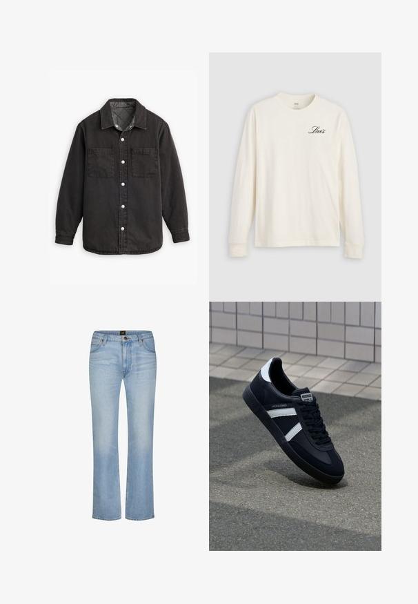 Zwarte denim shirt met een geblokte binnenvoering, twee borstzakken en zilveren knoopsluitingen. Beschikt over een klassieke kraag en lange mouwen.; Wit shirt met lange mouwen en een ronde hals, met een klein zwart "Levi's" logo op de linkerbovenborst, weergegeven tegen een lichtgrijze achtergrond.; Lichtblauwe rechte spijkerbroek met voorzakken, riemlussen, ritssluiting en een merkknopsluiting in de taille.; Zwarte leren sneaker met witte strepen, een gestructureerde rubberen zool en vetersluiting aan de voorkant. Voorzien van een merklabel op de tong.