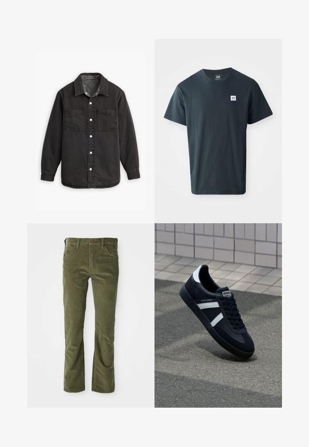 Zwarte denim shirt met een geblokte binnenvoering, twee borstzakken en zilveren knoopsluitingen. Beschikt over een klassieke kraag en lange mouwen.; Donkergrijze katoenen t-shirt met een ronde hals. Inclusief een klein blauw en wit rechthoekig logo label op de linkerborst.; Olijfgroene corduroy broek met voorzakken, riemlussen, knoopsluiting en een lichte flare bij de beenopeningen.; Zwarte leren sneaker met witte strepen, een gestructureerde rubberen zool en vetersluiting aan de voorkant. Voorzien van een merklabel op de tong.