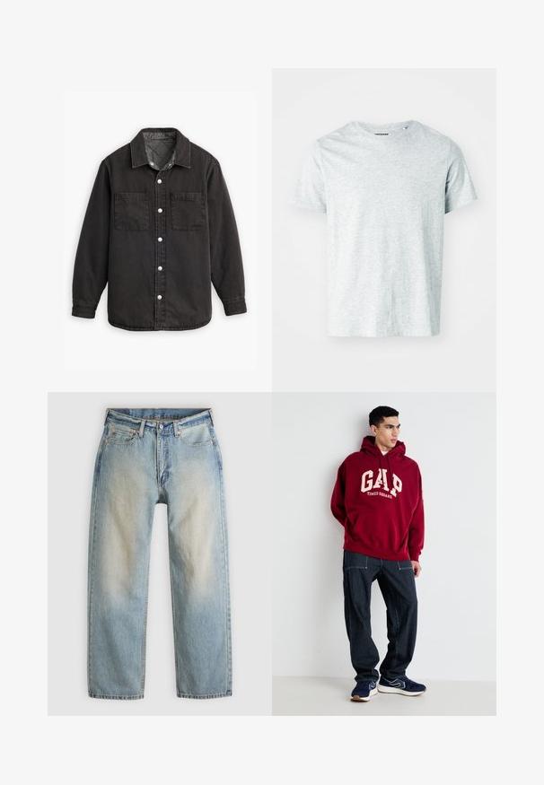 Camisa de denim negra con un forro interior a cuadros, dos bolsillos en el pecho y cierres de botones plateados. Presenta un cuello clásico y manga larga.; Camiseta de manga corta gris claro, confeccionada en una tela suave, con cuello redondo y un corte ligeramente relajado. Sin patrones ni gráficos visibles.; Vaqueros de mezclilla azul claro con un corte relajado, lavado medio, piernas rectas, remaches de cobre y diseño clásico de cinco bolsillos.; Sudadera color burdeos con "GAP" y "TIMES SQUARE" impresos en crema, combinada con pantalones rayados en azul marino y zapatillas azul marino con detalles en blanco.