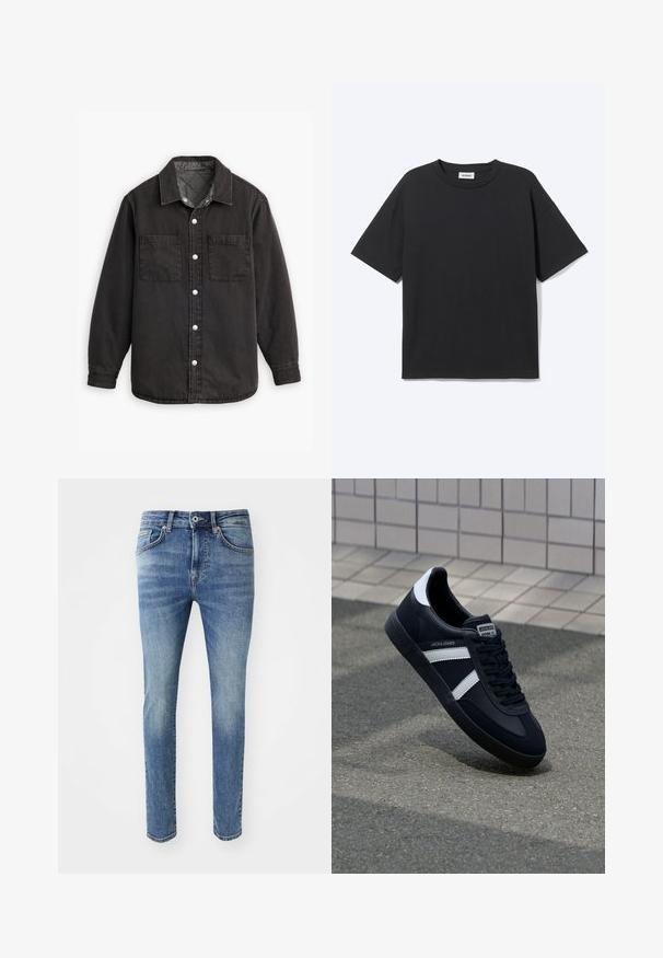 Zwarte denim shirt met een geblokte binnenvoering, twee borstzakken en zilveren knoopsluitingen. Beschikt over een klassieke kraag en lange mouwen.; Zwart T-shirt met korte mouwen en ronde hals met een ontspannen pasvorm, vooraanzicht, effen ontwerp en zichtbaar Weekday-merklabel binnenin de kraag.; Vervaagde lichtblauwe denim jeans met een slim fit, vijf zakken, een ritssluiting en een metalen knoopsluiting aan de tailleband.; Zwarte leren sneaker met witte strepen, een gestructureerde rubberen zool en vetersluiting aan de voorkant. Voorzien van een merklabel op de tong.