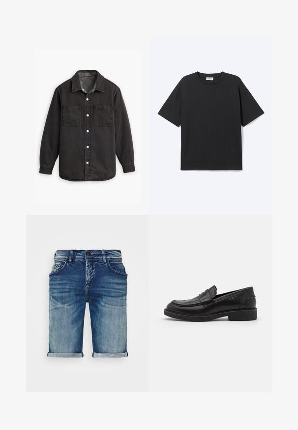 Schwarzes Jeanshemd mit kariertem Innenfutter, zwei Brusttaschen und silbernen Knopfverschlüssen. Besitzt einen klassischen Kragen und lange Ärmel.; Schwarzes T-Shirt mit kurzen Ärmeln und Rundhalsausschnitt in lockerer Passform, Vorderansicht, schlichtes Design und sichtbares Weekday-Label im Krageninneren.; Jeans-Shorts in mittelblau mit leicht abgedrehtem Finish. Mit umgeschlagenen Säumen, Fünf-Taschen-Design und einem Metallknopfverschluss.; Schwarze Lederloafer mit abgerundetem Zeh, farblich abgestimmtem Nähen und einem Riemendetail an der Vorderseite. Gummi-Sohle mit niedrigem Absatz.