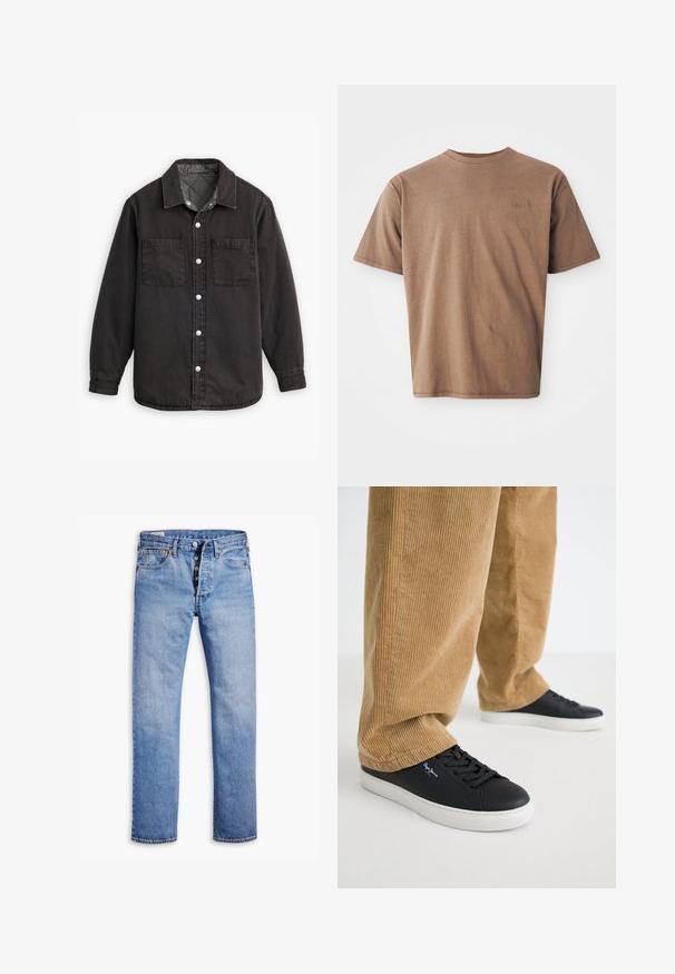 Zwarte denim shirt met een geblokte binnenvoering, twee borstzakken en zilveren knoopsluitingen. Beschikt over een klassieke kraag en lange mouwen.; Bruine katoenen t-shirt met ronde hals, korte mouwen en een discreet geborduurd logo op de linkerborst. Soepele structuur, relaxte pasvorm.; Lichtblauwe denim jeans met een rechte broekspijp, vijfknopen sluiting, riemlussen en subtiele vervaging. Heeft twee voorzakken en koperen klinknagels.; Zwarte leren sneakers met witte rubberen zolen. Draagt een paar tan corduroy broeken met verticale ribbels en een ontspannen pasvorm.