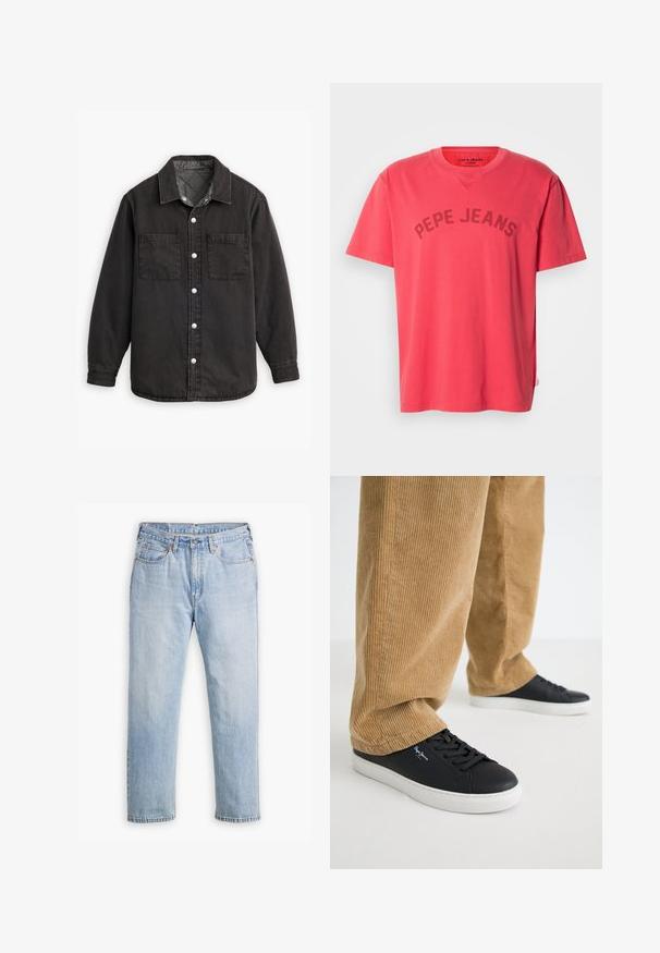 Schwarzes Jeanshemd mit kariertem Innenfutter, zwei Brusttaschen und silbernen Knopfverschlüssen. Besitzt einen klassischen Kragen und lange Ärmel.; Korallenfarbenes Baumwoll-T-Shirt mit kurzen Ärmeln und Rundhalsausschnitt. Mit dem Schriftzug "PEPE JEANS" in dunklen Buchstaben auf der Brust.; Helle blaue Denim-Jeans mit geradem Bein, im Fünf-Taschen-Stil und kontrastierenden Nähten. Knopf- und Reißverschluss an der Taille.; Schwarze Ledersneaker mit weißen Gummisohlen. Getragen mit beigen Cordhosen, die vertikale Rippungen und eine lockere Passform aufweisen.