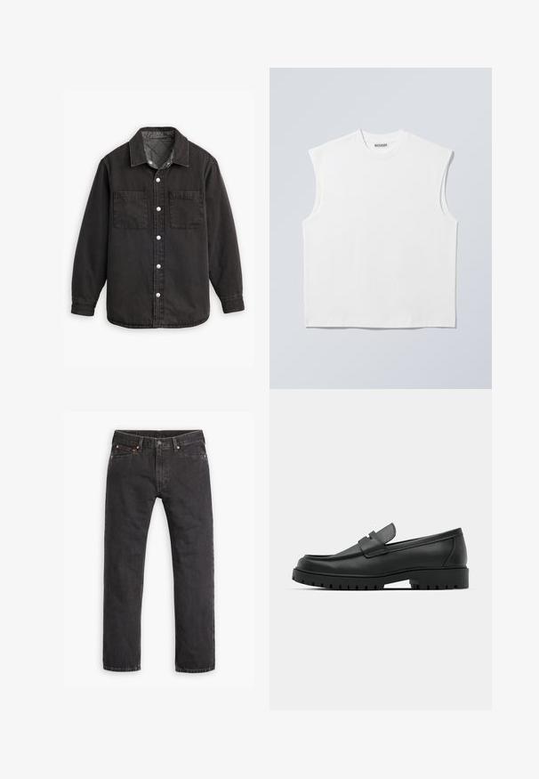 Chemise en denim noir avec doublure intérieure à carreaux, deux poches poitrine et fermetures à boutons en argent. Comprend un col classique et des manches longues.; Haut blanc sans manches en coton à col rond avec épaules structurées, marqué "WEEKDAY" sur l'étiquette du col, présenté sur un fond gris clair.; Jeans en denim noirs à jambes droites avec cinq poches, fermeture à bouton et rivets cuivrés, posés à plat sur un fond blanc.; Mocassins en cuir noir à bout arrondi, avec un design cousu, une semelle plateforme basse et une semelle en caoutchouc texturée et crantée.