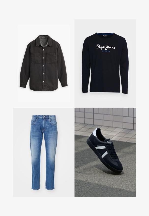 Camisa de denim negra con un forro interior a cuadros, dos bolsillos en el pecho y cierres de botones plateados. Presenta un cuello clásico y manga larga.; Camiseta negra de manga larga fabricada en algodón, con el texto del logo en blanco y azul "Pepe Jeans London" centrado en el pecho.; Jeans de mezclilla azul claro con corte recto, diseño de cinco bolsillos, un ligero desgastado y una cinturilla estándar con cierre de botón.; Zapatilla de cuero negra con rayas blancas, suela de goma texturizada y parte frontal con cordones. Cuenta con una etiqueta de marca en la lengüeta.