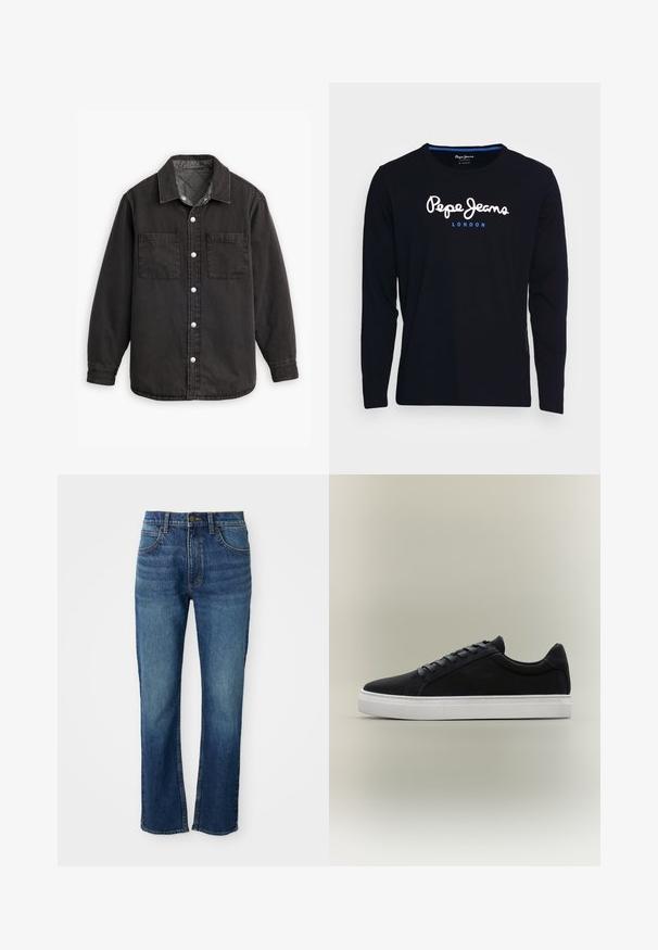 Zwarte denim shirt met een geblokte binnenvoering, twee borstzakken en zilveren knoopsluitingen. Beschikt over een klassieke kraag en lange mouwen.; Zwart T-shirt met lange mouwen, gemaakt van katoen, met in het midden van de borst witte en blauwe logo-tekst "Pepe Jeans London".; Blauwe denim jeans met een rechte pijpdesign, voorzien van vijf zakken, een knoopsluiting en contrasterende gele stiksels. Gladde textuur.; Zwarte lage sneaker met witte rubberen zool, vetersluiting en gevoerde kraag, weergegeven tegen een neutrale grijze achtergrond.