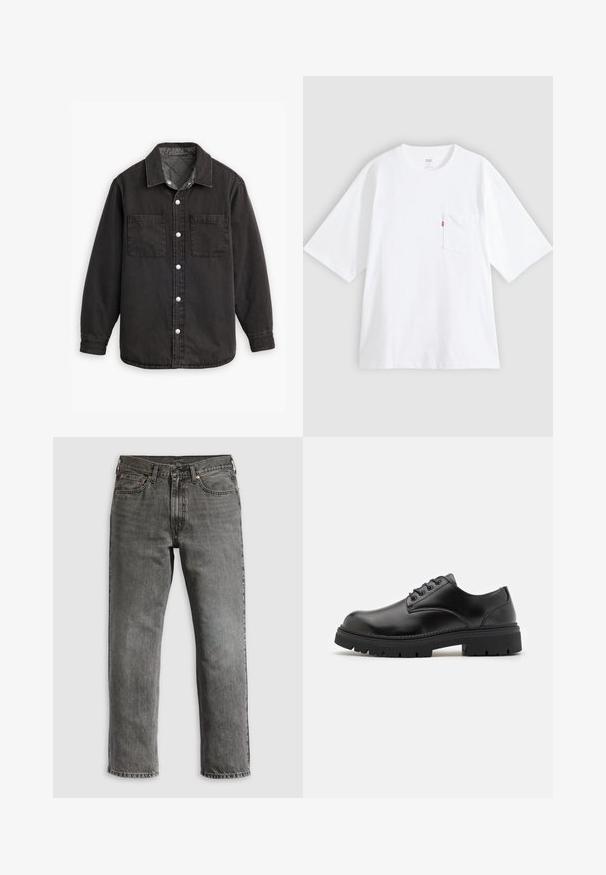 Zwarte denim shirt met een geblokte binnenvoering, twee borstzakken en zilveren knoopsluitingen. Beschikt over een klassieke kraag en lange mouwen.; Wit katoenen T-shirt met korte mouwen, ronde hals en een borstzak aan de linkerkant. Heeft een klein rood logotagje op de zak.; Grijze denim jeans met een rechte pijp, voorzien van vijf zakken, koperen klinknagels en zichtbare stiksels. Klassiek ontwerp met een ritssluiting.; Zwarte leren schoenen met een ronde neus, vetersluiting en een dikke, gestructureerde rubberen zool. Kenmerken zijn stiksels langs de rand en een gladde afwerking.