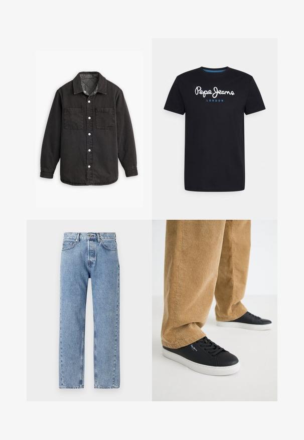 Schwarzes Jeanshemd mit kariertem Innenfutter, zwei Brusttaschen und silbernen Knopfverschlüssen. Besitzt einen klassischen Kragen und lange Ärmel.; Schwarzes Baumwoll-T-Shirt mit einem weißen Schriftlogo "Pepe Jeans" und blauen Akzenten, Rundhals und kurzen Ärmeln. Einfaches, schlichtes Design.; Hellblaue Jeans aus Denim mit lockerer Passform, geradem Bein, fünf Taschen und sichtbaren Nähten an den Säumen.; Schwarze Ledersneaker mit weißen Gummisohlen. Getragen mit beigen Cordhosen, die vertikale Rippungen und eine lockere Passform aufweisen.