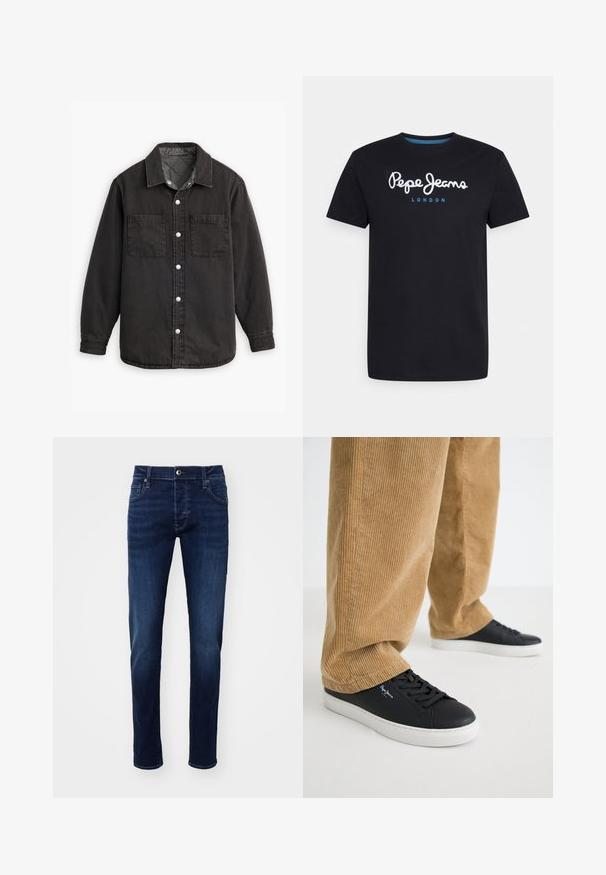 Schwarzes Jeanshemd mit kariertem Innenfutter, zwei Brusttaschen und silbernen Knopfverschlüssen. Besitzt einen klassischen Kragen und lange Ärmel.; Schwarzes Baumwoll-T-Shirt mit einem weißen Schriftlogo "Pepe Jeans" und blauen Akzenten, Rundhals und kurzen Ärmeln. Einfaches, schlichtes Design.; Dunkelblaue Slim-Fit Denim-Jeans mit Knopf vorne, Taschen, Gürtelschlaufen und dezenten Ausbleichungen an den Beinen.; Schwarze Ledersneaker mit weißen Gummisohlen. Getragen mit beigen Cordhosen, die vertikale Rippungen und eine lockere Passform aufweisen.