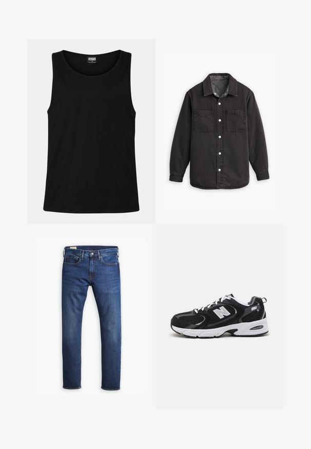 Chemise en denim noir avec doublure intérieure à carreaux, deux poches poitrine et fermetures à boutons en argent. Comprend un col classique et des manches longues.; Débardeur noir en coton doux. Il présente un col rond et des emmanchures larges, sans motifs ni accents visibles.; Un jean en denim bleu avec une coupe droite, comportant cinq poches, une fermeture à bouton et une fermeture éclair, ainsi qu'un surpiquage doré contrastant.; Baskets de sport noires et grises avec un tige en mesh et en suède, présentant une semelle intermédiaire blanche, des lacets et un logo "N" audacieux sur le côté.
