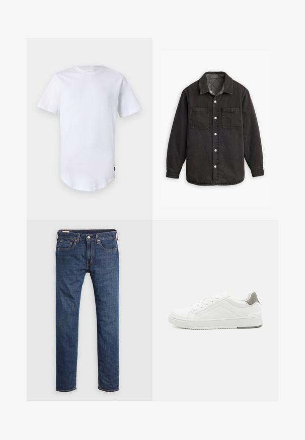 Zwarte denim shirt met een geblokte binnenvoering, twee borstzakken en zilveren knoopsluitingen. Beschikt over een klassieke kraag en lange mouwen.; Witte katoenen t-shirt met korte mouwen. Rond de hals ontwerp met een gebogen zoom. Label zichtbaar aan de onderste linkerzijde. Gladde textuur.; Donkerblauwe spijkerbroek met een rechte pijp. Voorzien van voorzakken, een metalen knoopsluiting en contrasterende gele stiksels.; Witte sneaker van glad leer met een ronde neus, minimalistisch ontwerp, grijze hielaccent en een geplaatste rubberen zool.