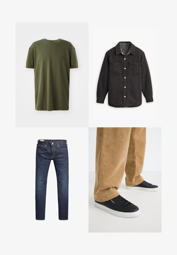 Schwarzes Jeanshemd mit kariertem Innenfutter, zwei Brusttaschen und silbernen Knopfverschlüssen. Besitzt einen klassischen Kragen und lange Ärmel.; Olivegrünes T-Shirt aus Baumwolle mit kurzen Ärmeln, Rundhalsausschnitt und einem kleinen, dunkelblauen Logo auf der linken Brust.; Dunkelblaue Slim-Fit-Jeans mit vorderem Knopf- und Reißverschluss, fünf Taschen und gelben Nähdetails.; Schwarze Ledersneaker mit weißen Gummisohlen. Getragen mit beigen Cordhosen, die vertikale Rippungen und eine lockere Passform aufweisen.