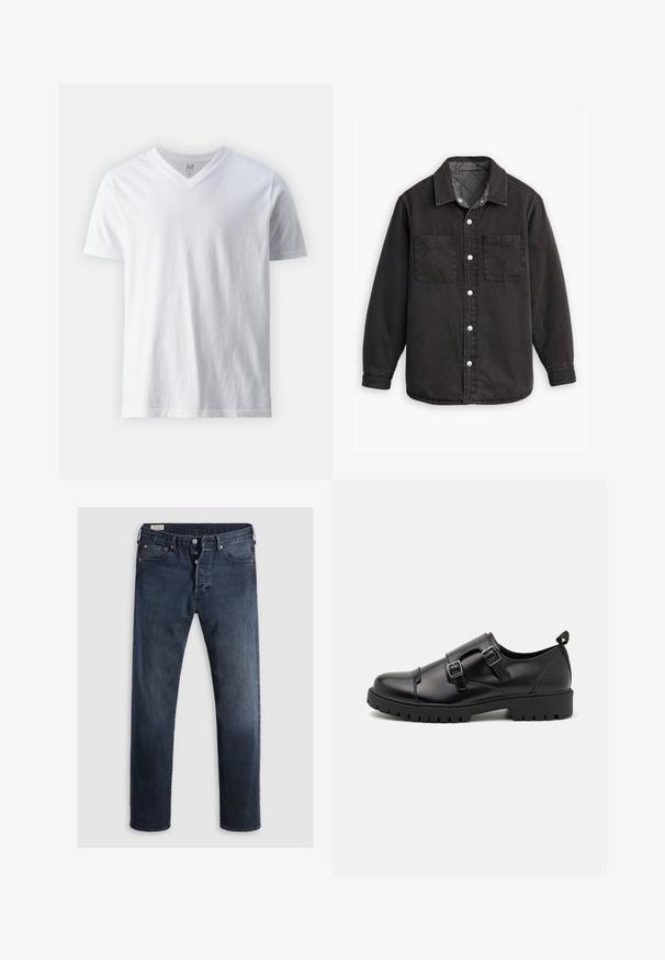 Schwarzes Jeanshemd mit kariertem Innenfutter, zwei Brusttaschen und silbernen Knopfverschlüssen. Besitzt einen klassischen Kragen und lange Ärmel.; Kurzärmliges, V-Ausschnitt T-Shirt aus Baumwolle in Weiß. Hat ein einfaches Design mit glatter Textur und lockerer Passform.; Dunkelblaue Denim-Jeans mit geradem Bein, ausgestattet mit einem Reißverschluss, Metallknöpfen und Kupfernieten. Glatte Textur, keine sichtbaren Muster.; Pier One by Zalando Business-Slipper - black