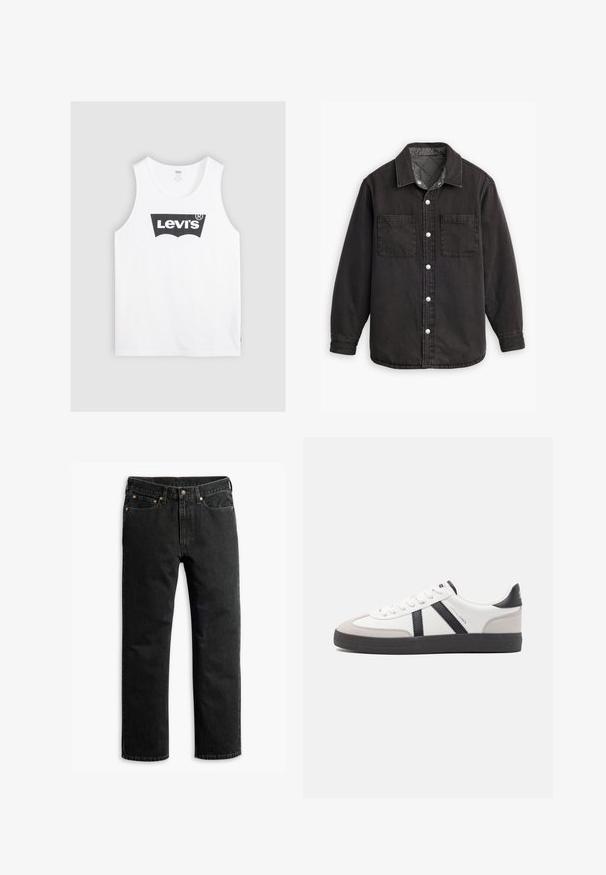 Schwarzes Jeanshemd mit kariertem Innenfutter, zwei Brusttaschen und silbernen Knopfverschlüssen. Besitzt einen klassischen Kragen und lange Ärmel.; Weißes Baumwoll-Trägershirt mit einem schwarzen Levi's-Logo in der Mitte. Einfaches Design mit rundem Halsausschnitt und weiten Armausschnitten.; Schwarze Jeans im geraden Schnitt mit fünf Taschen, Gürtelschlaufen und einem Knopfverschluss an der Taille, flach auf einem weißen Hintergrund ausgelegt.; Weiße Sneaker mit schwarz- und grau-aczenten, ausgestattet mit einer strukturierten grauen Zehenkappe, schwarzer Gummi-Sohle und flachen weißen Schnürsenkeln. Sauberes Design, minimalistische Stil.
