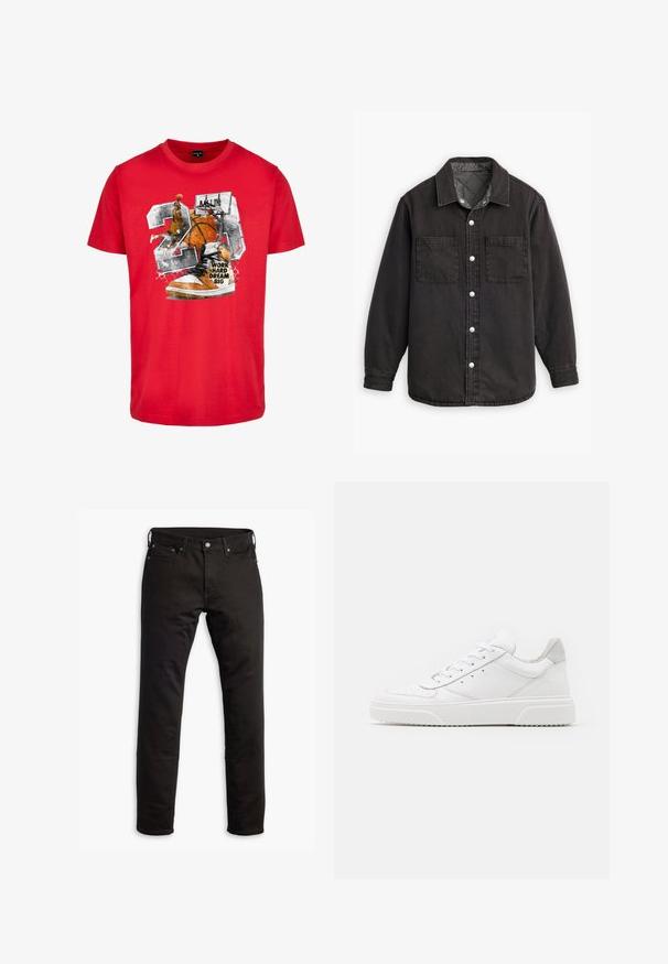 Camisa de denim negra con un forro interior a cuadros, dos bolsillos en el pecho y cierres de botones plateados. Presenta un cuello clásico y manga larga.; Camiseta de algodón roja con un gráfico que presenta un balón de baloncesto, una zapatilla y el texto "TRABAJA DURO SUEÑA EN GRANDE". El diseño incluye acentos en negro y naranja.; Jeans de mezclilla negra con un diseño de pierna recta, bolsillos frontales y cierre de botón. La tela tiene una textura suave y un detalle mínimo.; Zapatillas de cuero blanca con un acabado suave, punta redondeada, cordones planos y una suela texturada. Acento de ante gris en el talón.