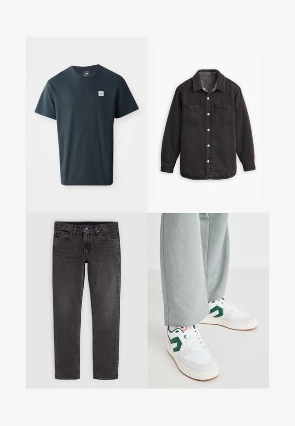 Camisa de denim negra con un forro interior a cuadros, dos bolsillos en el pecho y cierres de botones plateados. Presenta un cuello clásico y manga larga.; Camiseta de algodón gris oscuro con un diseño de cuello redondo. Incluye una pequeña etiqueta rectangular azul y blanca en el lado izquierdo del pecho.; Vaqueros negros de denim con pierna recta, cierre de botón y cremallera, bolsillos delanteros y traseros, y trabillas para cinturón.; Zapatillas blancas y verdes con materiales de cuero liso y ante, que presentan un destacado acento de logo verde y cordones blancos. Pantalones grises parcialmente visibles.