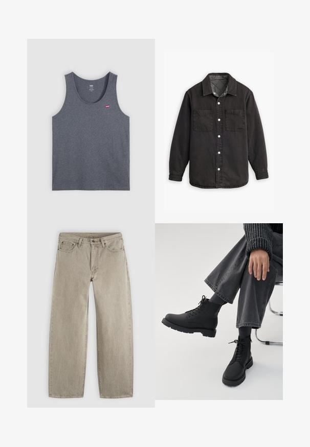 Schwarzes Jeanshemd mit kariertem Innenfutter, zwei Brusttaschen und silbernen Knopfverschlüssen. Besitzt einen klassischen Kragen und lange Ärmel.; Graues Baumwoll-Trägershirt mit rundem Ausschnitt, ärmellosem Design und kleinem rotem Levi's-Logo auf der linken Brustseite. Schlichte Textur.; Beige Jeans mit geradem Bein aus Denim, mit Vordertaschen, Gürtelschlaufen, Knopfverschluss und sichtbaren Nähten auf einem einfarbigen hellen Hintergrund.; Person sitzt mit übergeschlagenen Beinen, trägt schwarze Schnürstiefel, dunkle Socken, graue weite Hosen und einen gerippten dunklen Pullover vor weißem Hintergrund.