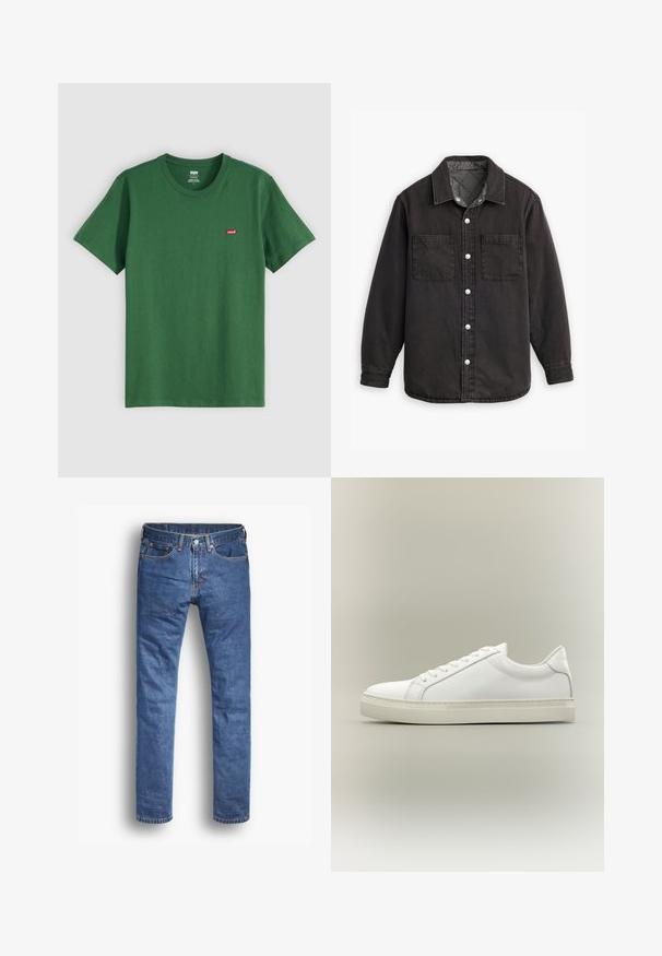 Schwarzes Jeanshemd mit kariertem Innenfutter, zwei Brusttaschen und silbernen Knopfverschlüssen. Besitzt einen klassischen Kragen und lange Ärmel.; Grünes Baumwoll-T-Shirt mit Rundhalsausschnitt, kurzen Ärmeln und einem kleinen roten Levi's-Logo auf der linken Brust. Weicher Stoff, normale Passform.; Denim-Jeans in einer mittelblauen Waschung mit geradem Bein, ausgestattet mit fünf Taschen, einem Knopf- und Reißverschluss und subtilen Stichakzenten.; Weißer Sneaker mit niedrigem Schaft, vorn mit Schnürung und dicker Sohle, aus der Seitenansicht vor neutralem Hintergrund.