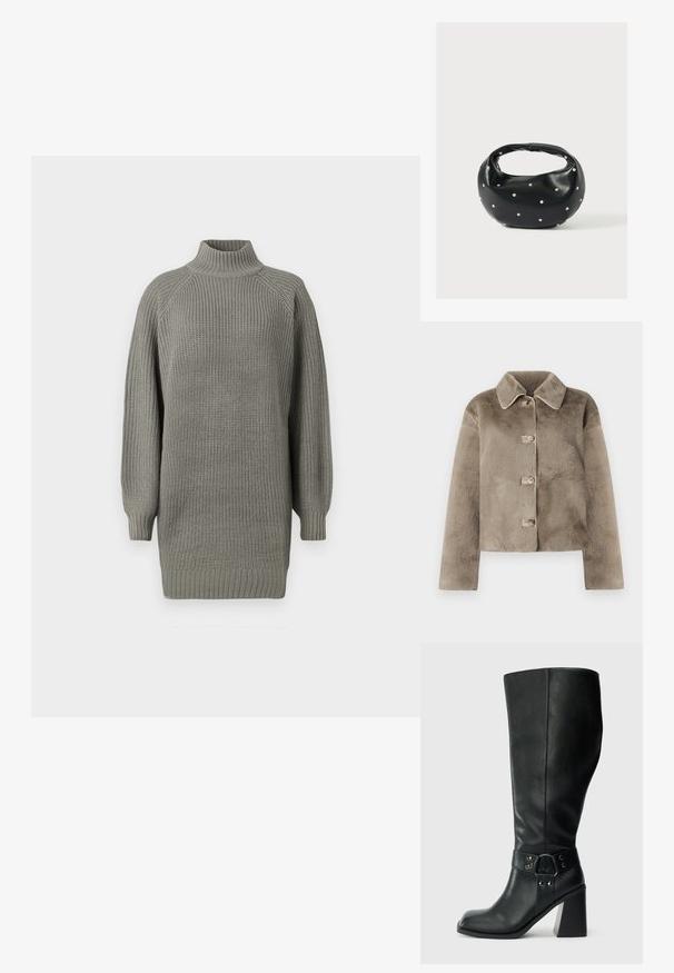 Kurze taupefarbene Kunstfelljacke mit Kragen, fünf Knöpfen und langen Ärmeln. Weiche Textur, gekürztes Design und keine sichtbaren Muster oder Akzente.; Übergroßer grauer Strickpullover mit hohem Kragen, gerippten Bündchen und strukturierter Oberfläche. Verfügt über gesenkte Schultern und eine lockere Passform.; Knöchelhöhe schwarze Lederstiefel mit quadratischer Spitze, breitem Absatz und einem dekorativen Riemen mit metallischen Akzenten um den Knöchel. Glatte Textur.; Schwarze Lederhandtasche mit abgerundeter Form, verziert mit silbernen Nietenakzenten und kurzem Griff. Glatte Struktur und Reißverschlussverschluss.