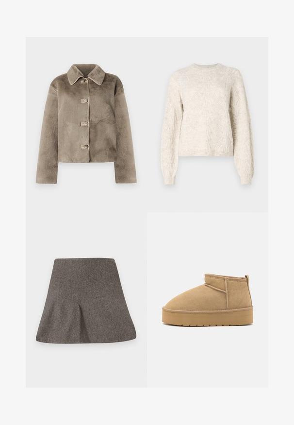 Veste courte en fausse fourrure taupe avec un col, cinq boutons et des manches longues. Texture douce, design court, sans motifs ni accents visibles.; Pull en tricot couleur crème avec des motifs texturés en diamants et en éventail, manches longues bouffantes, et poignets et ourlet côtelés.; Jupe A-line en laine grise avec une large ceinture et une légère texture, posée à plat sur un fond blanc.; Bottines en daim beige à bout rond, avec des coutures minimales et une semelle en caoutchouc brun clair arborant un motif texturé.