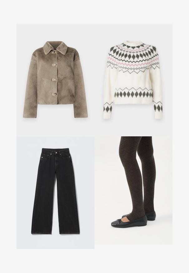 Kort, taupe farvet faux fur jakke med krave, fem knapper og lange ærmer. Blød tekstur, cropped design, og ingen synlige mønstre eller detaljer.; Hvid strikket sweater med sorte og pink geometriske mønstre over brystet, ærmerne og kanten, med rund halsudskæring og ribbede manchetter.; Sorte højttaljede bredbenede jeans med knap- og lynlåslukning foran, bæltestropper og fem forlommer på en lys baggrund.; Ben iført mørke ribbede leggings kombineret med sorte balletsko med små sløjfedetaljer på hvid baggrund.
