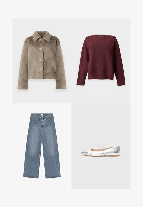 Kort, taupe farvet faux fur jakke med krave, fem knapper og lange ærmer. Blød tekstur, cropped design, og ingen synlige mønstre eller detaljer.; Langærmet rundhalset sweater i mørk bordeaux med ribstrikkede manchetter og kant, vist på en ensartet lys grå baggrund.; Lys blå denim vide bukser med høj talje, fire lommer og en ren finish; har et struktureret stof og lige silhuet.; Sølv flad sko med spids tå, lavet af metallisk syntetisk materiale. Har en tynd strop med en dekorativ sløjfe. Glat tekstur.